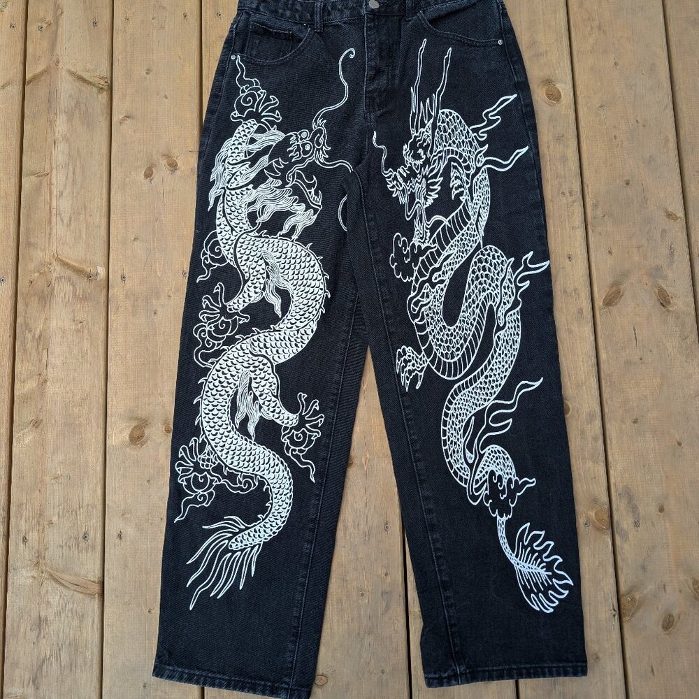 Y2K Aesthetic Black Denim Wide Leg Jeans with White Dragon Graphic Print
